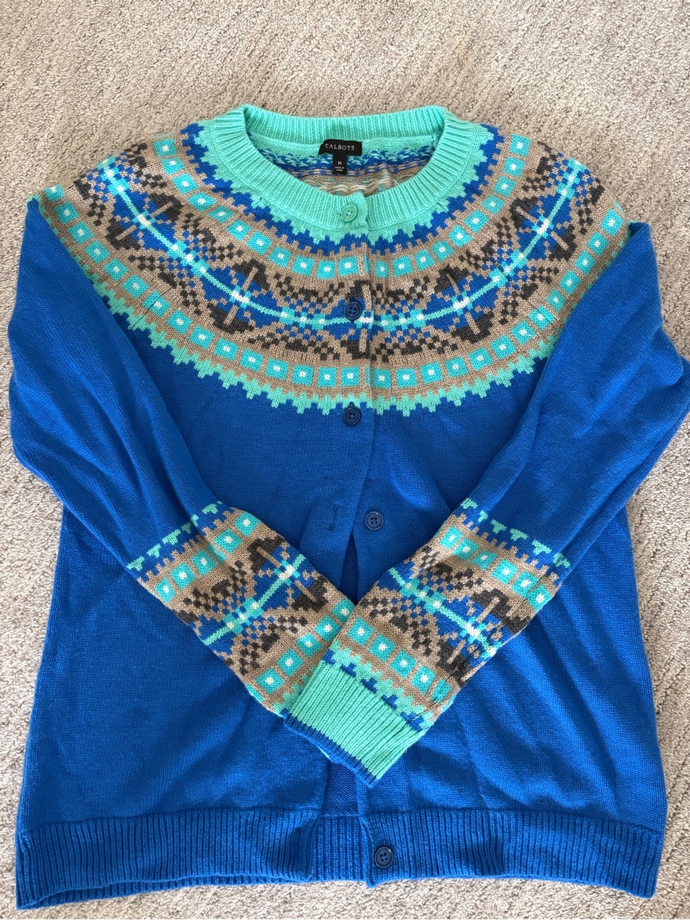 Talbots Blue & Mint Fair Isle Button-Up Cardigan